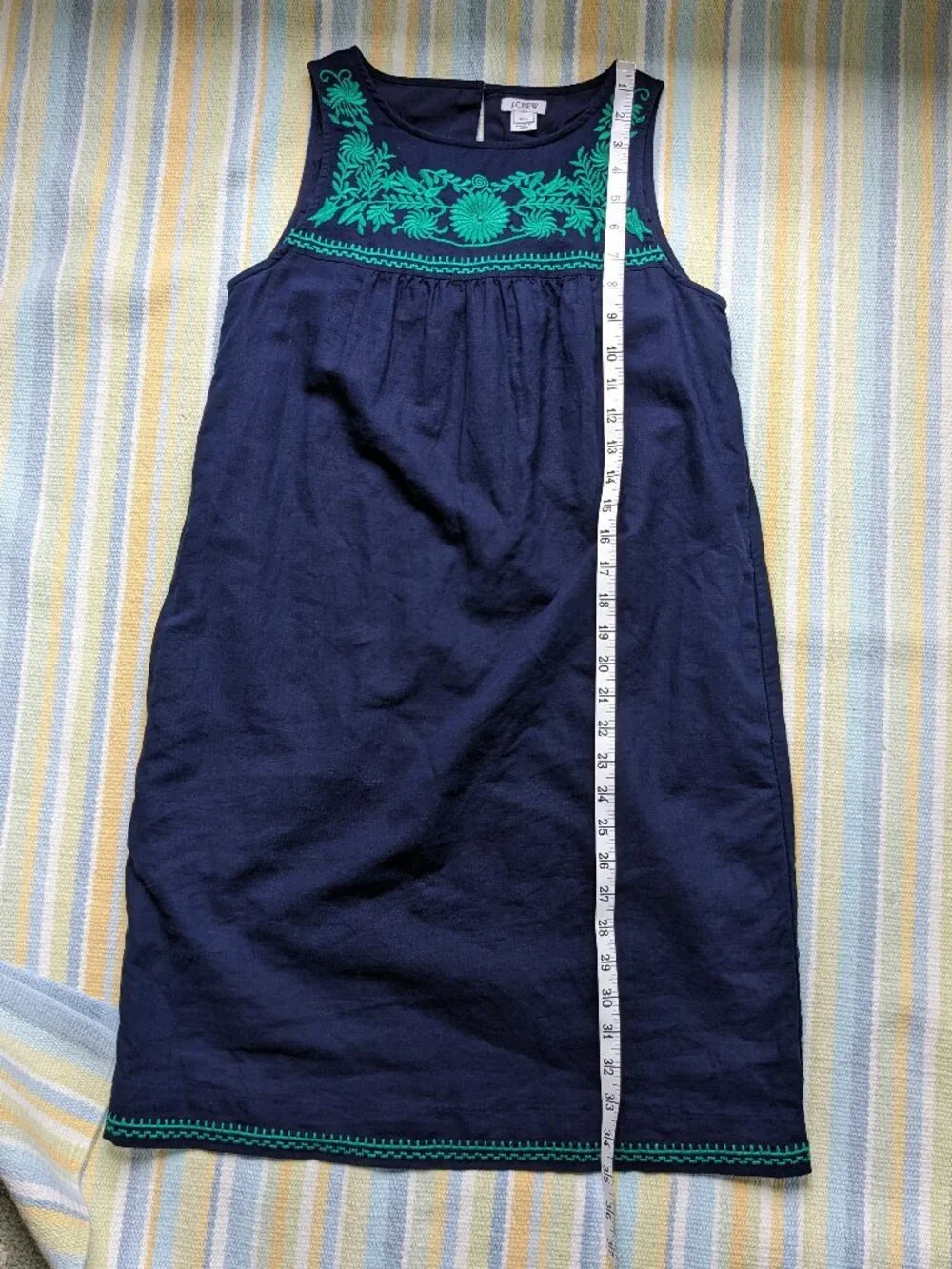 ⭐ J. Crew Navy & Green embroidered Linen-blend tank shift dress XXS